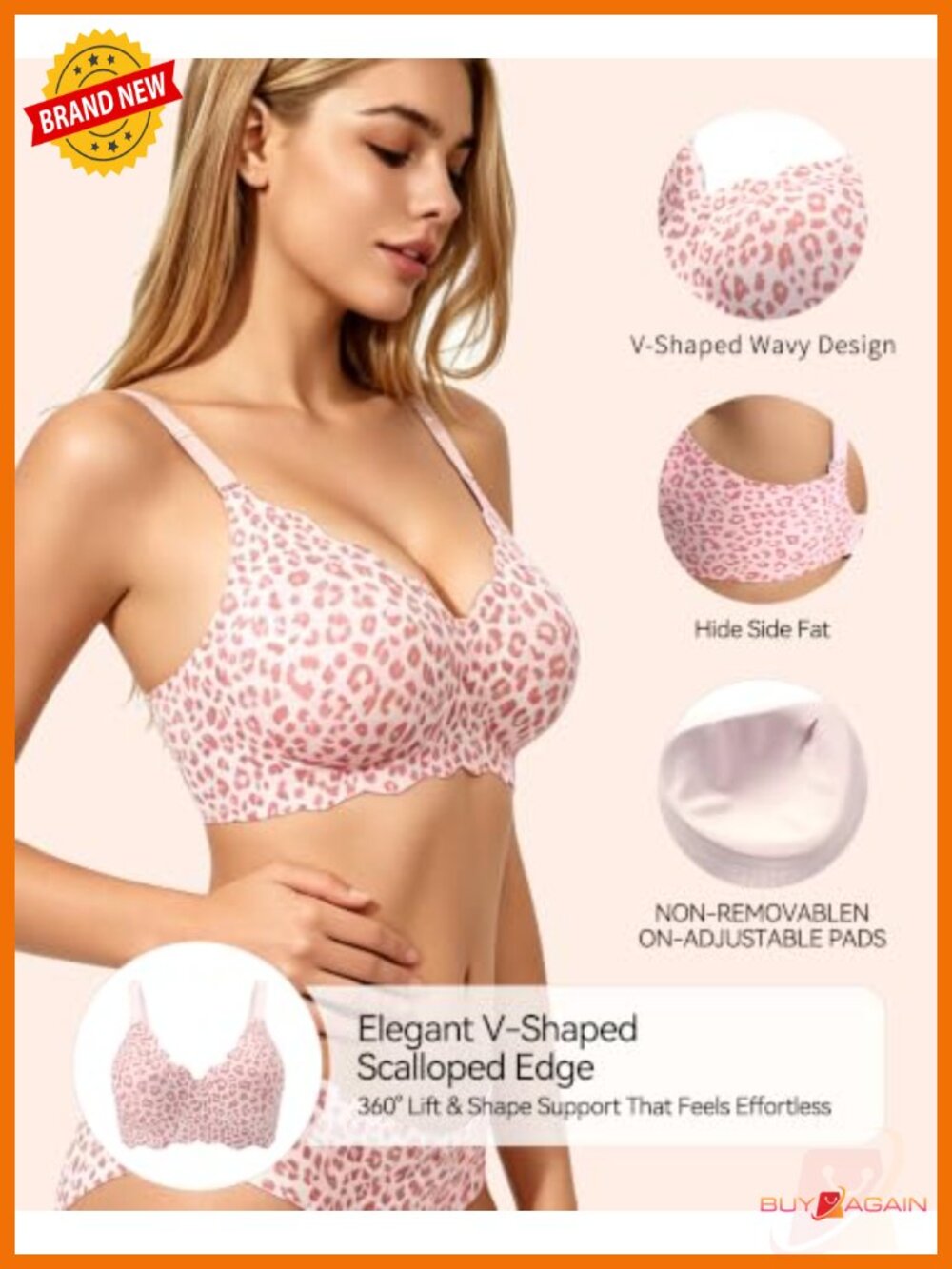 Full Coverage Wireless Bra Scalloped Edge Seamless T-Shirt Bra - Picture 4 of 6
